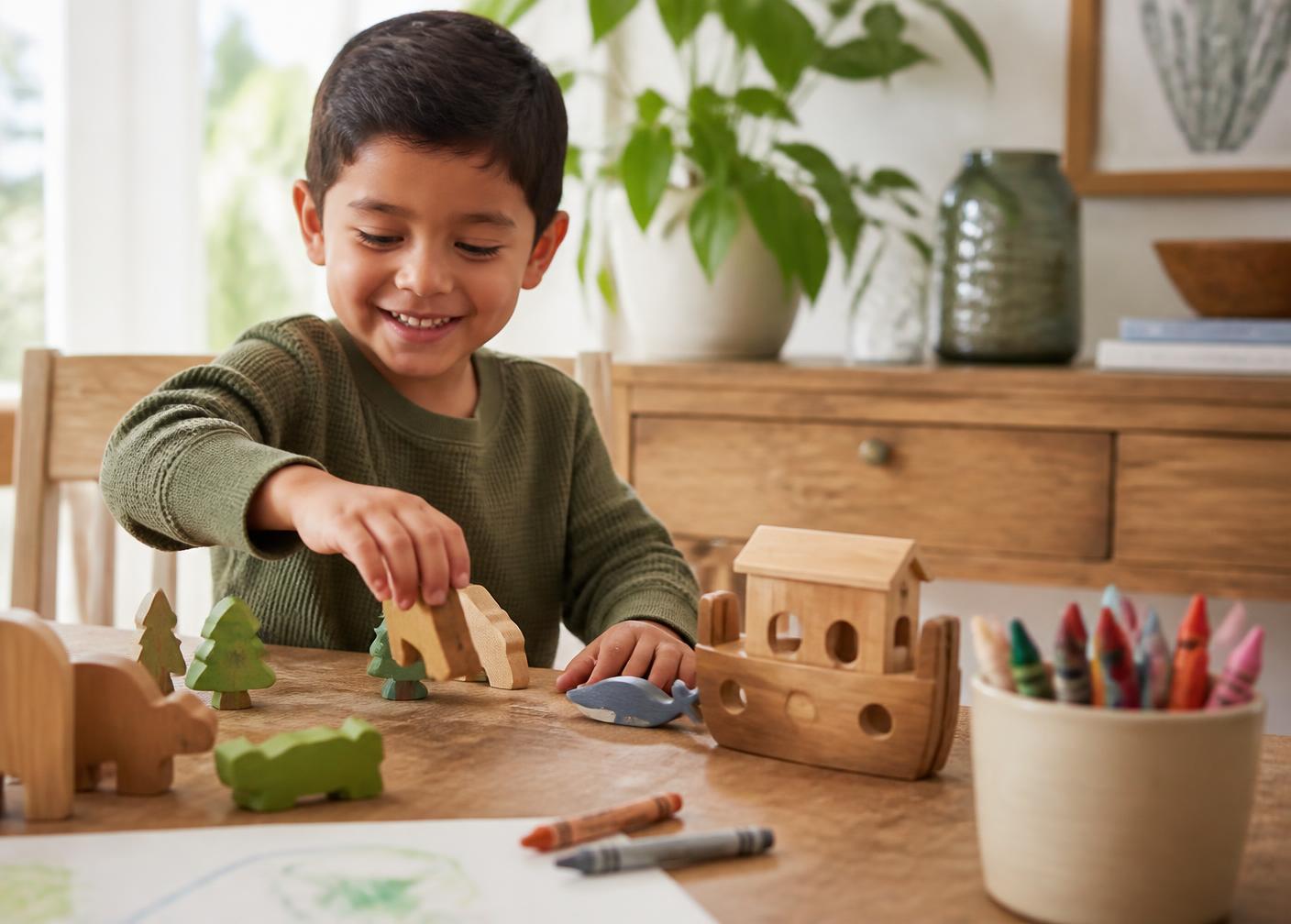 Niño jugando con juguetes de madera sin pantallas