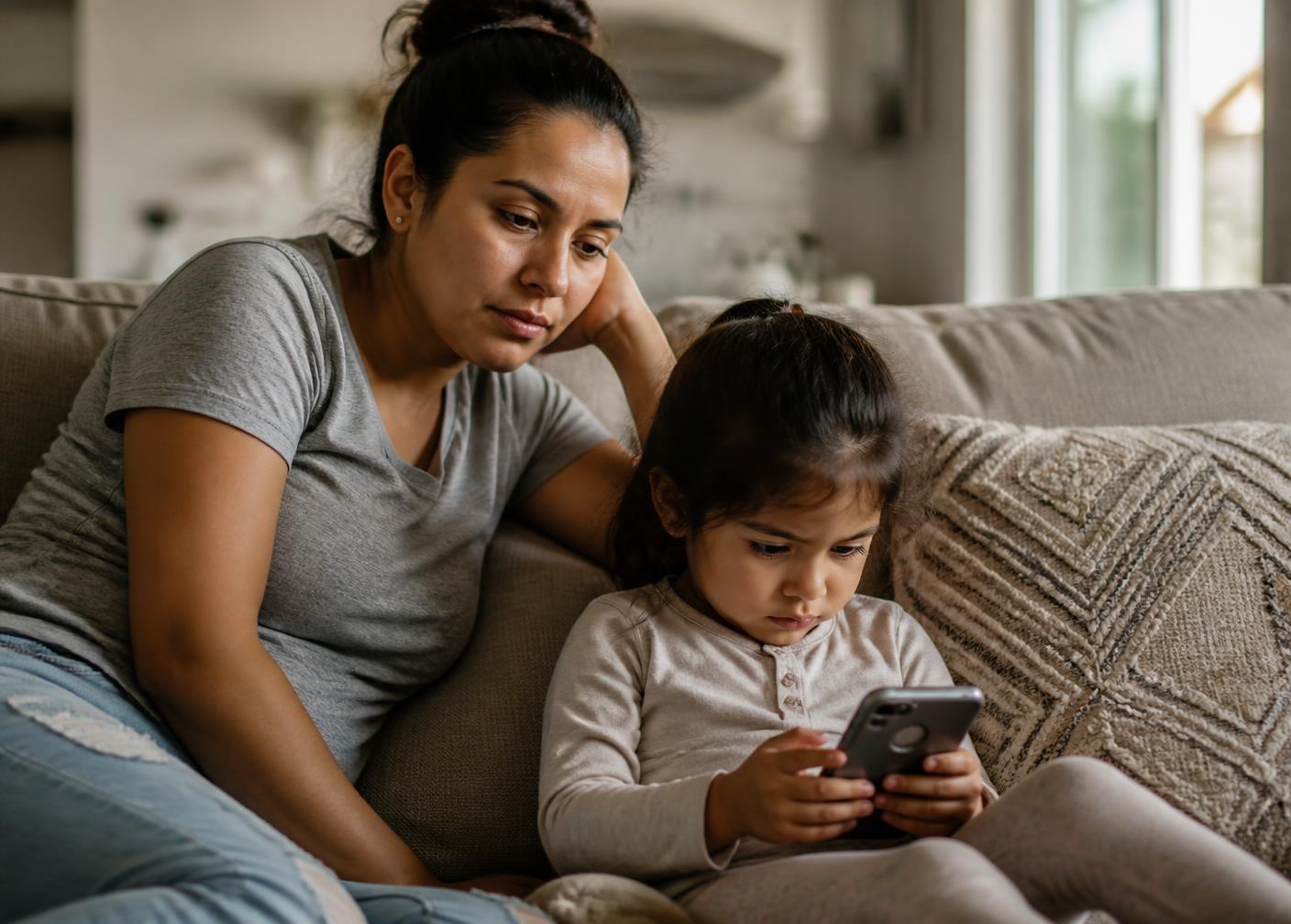 Madre observando a su hija usando el celular en el sofá